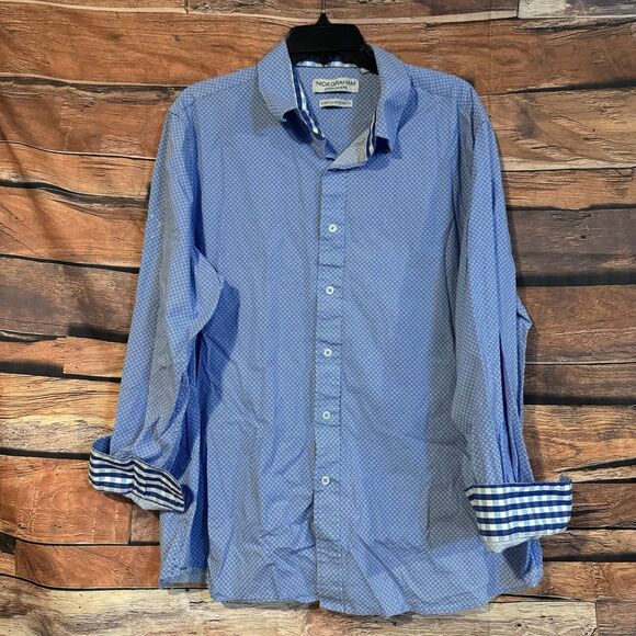Nick Graham Men's 2XL Blue Polka Dot LS Flip Stretch Modern Fit Button Shirt - Picture 1 of 8
